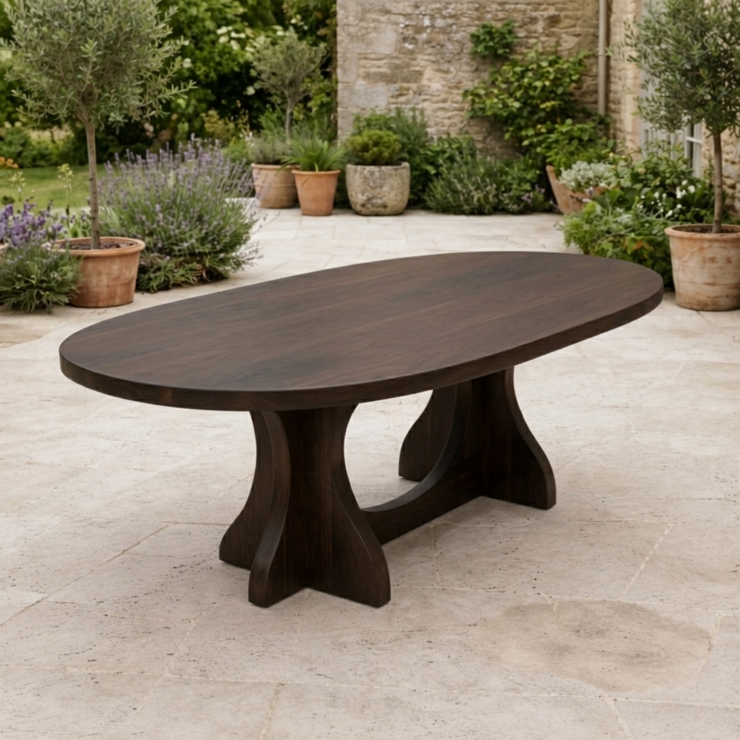 Oval Solid Wood Outdoor Dining Table with Curved Double Pedestal Base