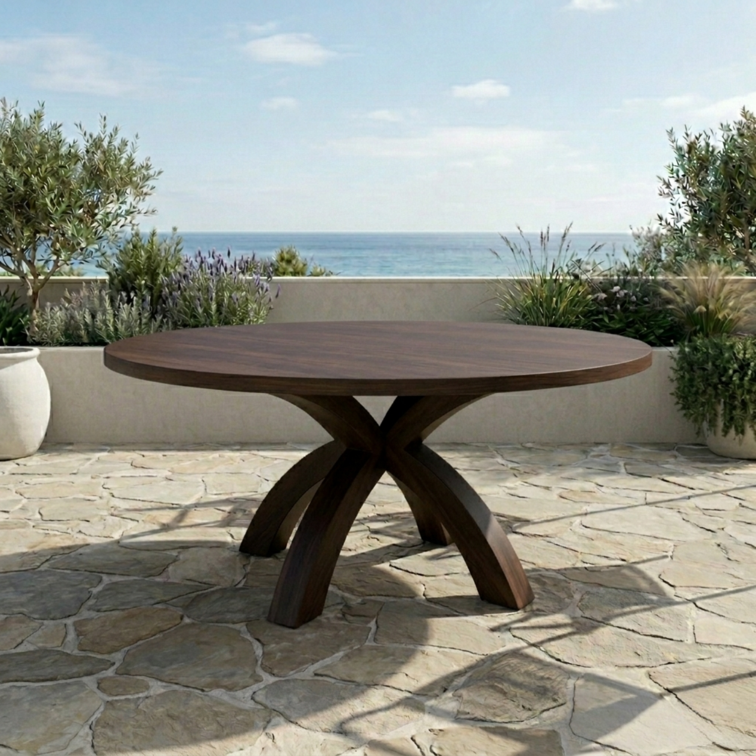Round Solid Wood Outdoor Dining Table with Curved X Pedestal Base