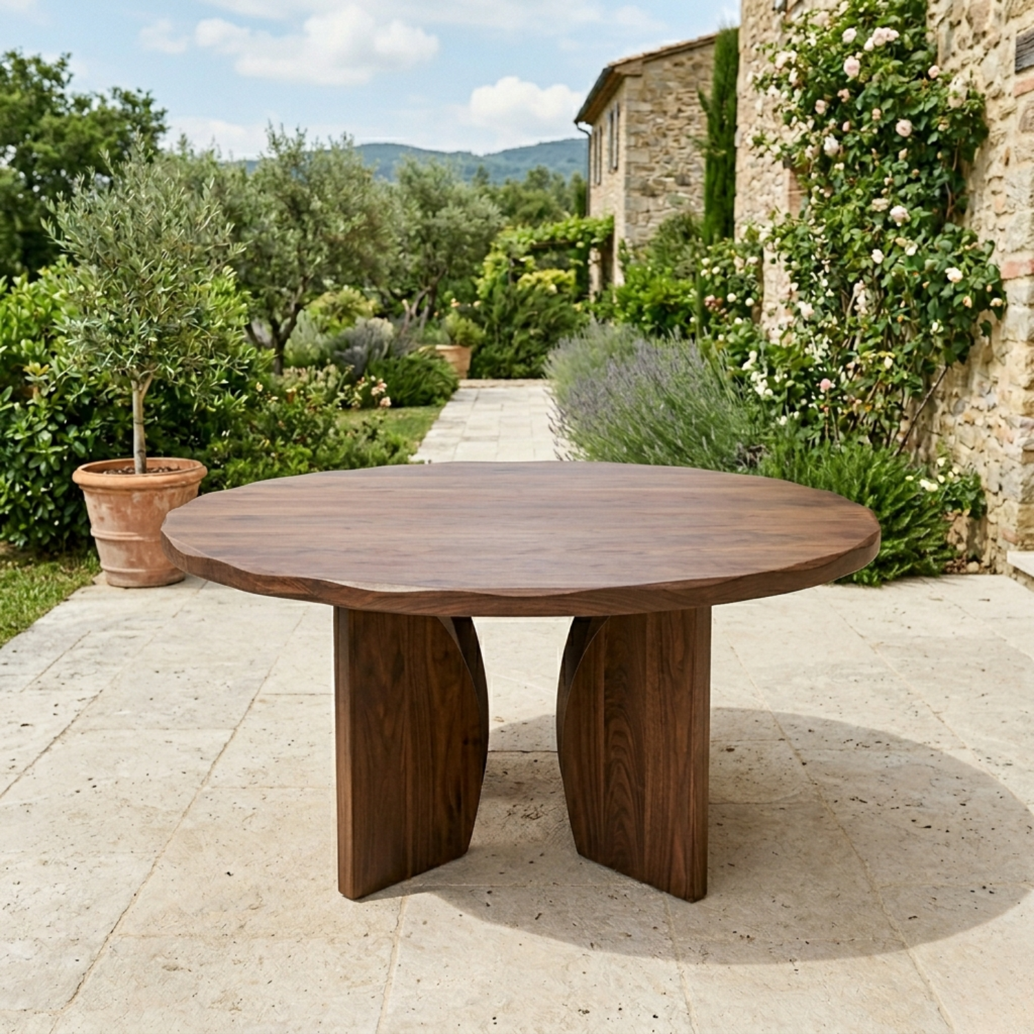 Round Solid Wood Outdoor Dining Table with Sculpted Twin Pedestal Base