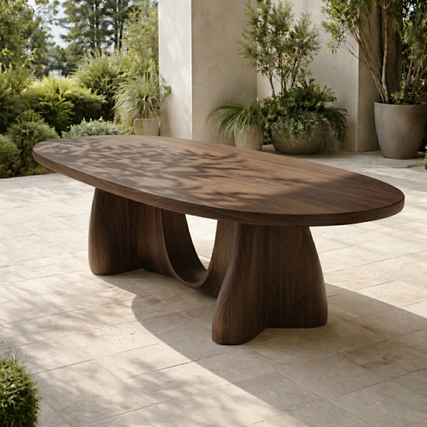 Oval Solid Wood Outdoor Dining Table with Sculptural Curved Pedestal Base