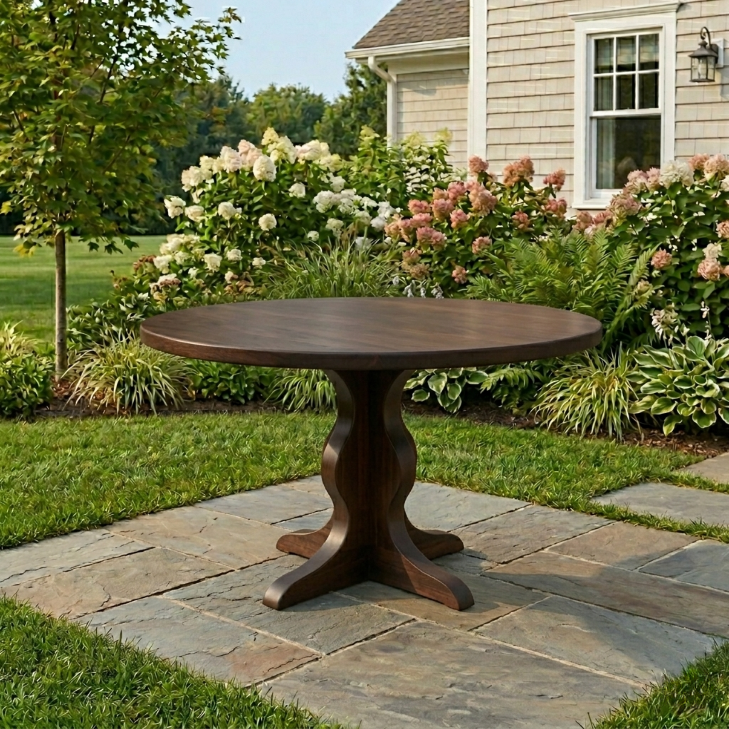 Round Solid Wood Outdoor Dining Table with Sculptural Pedestal Base