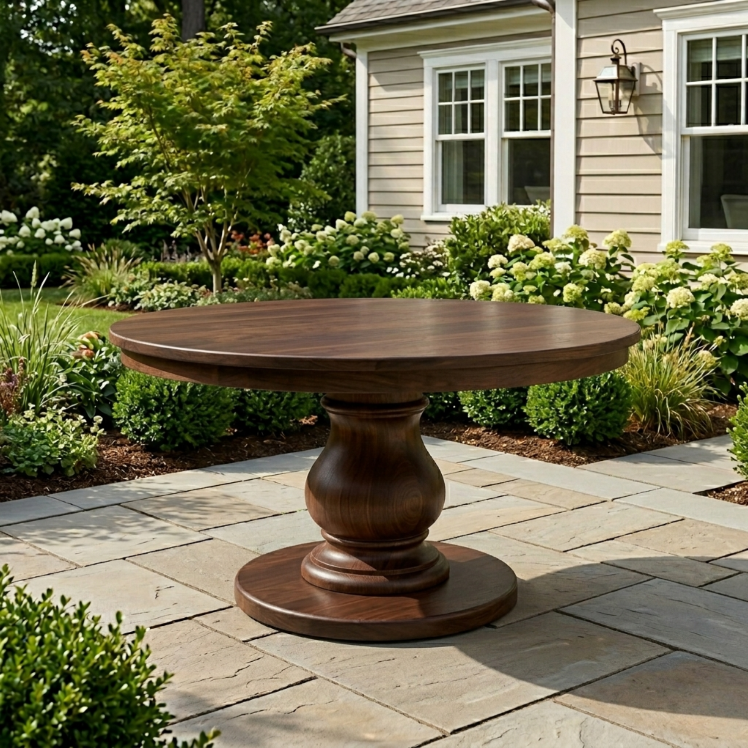 Round Solid Wood Outdoor Dining Table with Classic Turned Pedestal Base