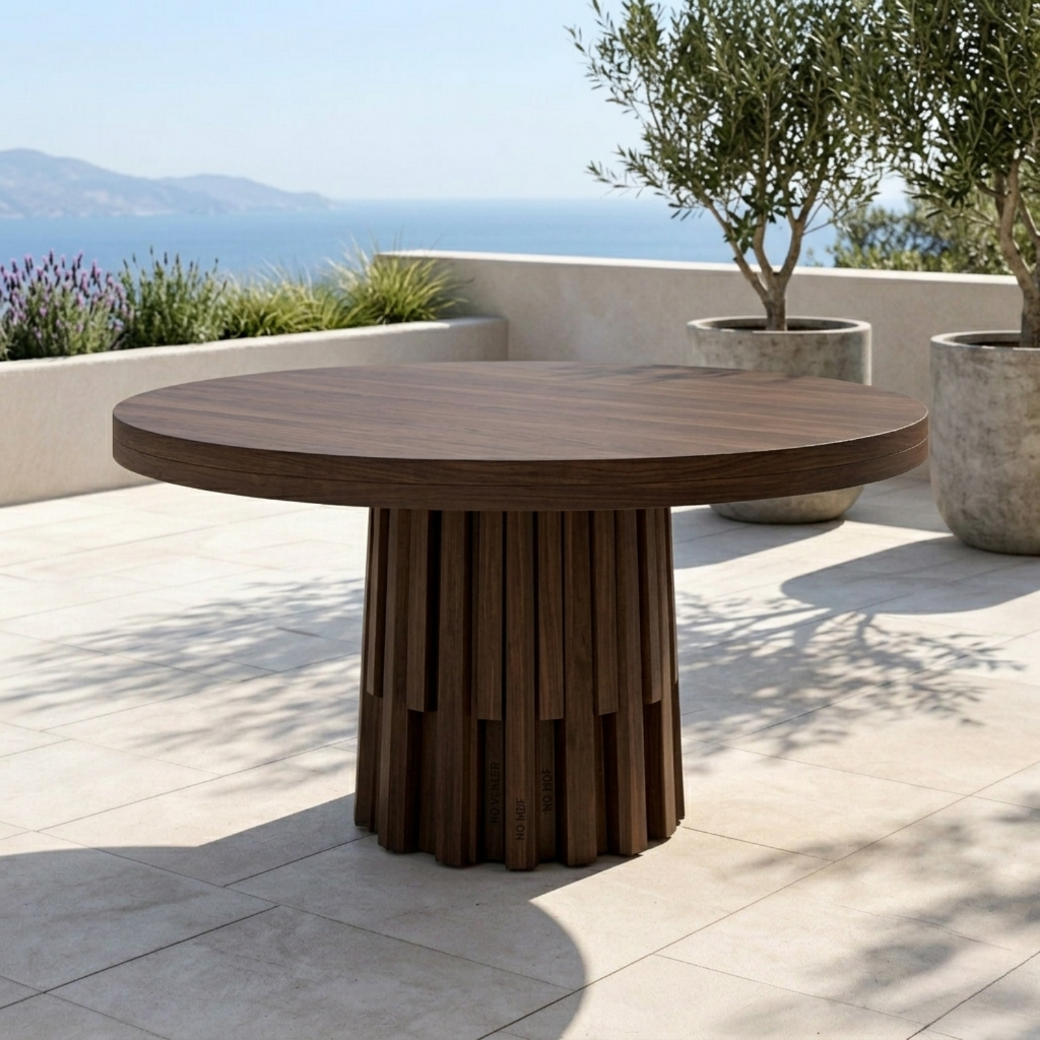 Round Solid Wood Outdoor Dining Table with Fluted Sculptural Pedestal Base