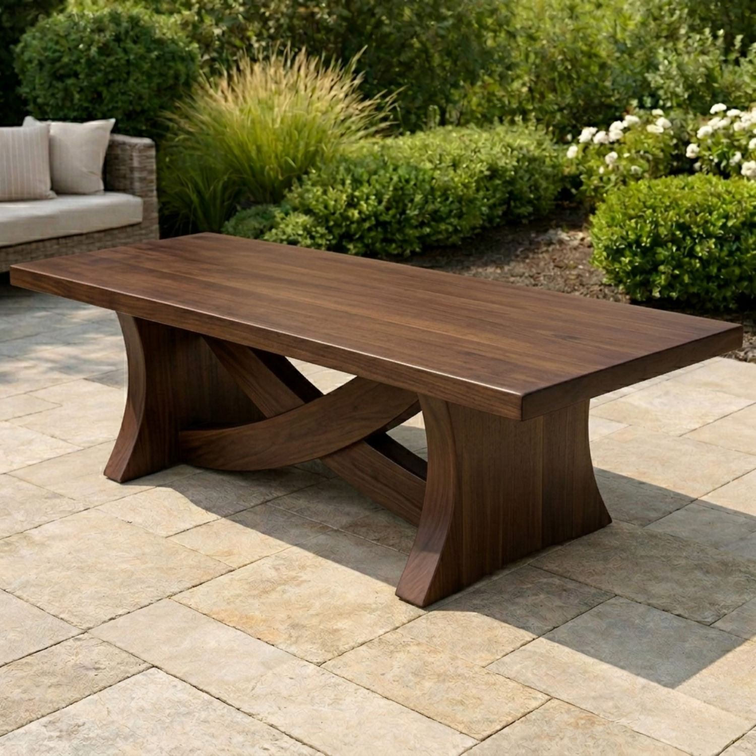 Solid Wood Outdoor Dining Table Rectangular Top with Sculptural Curved Cross Base