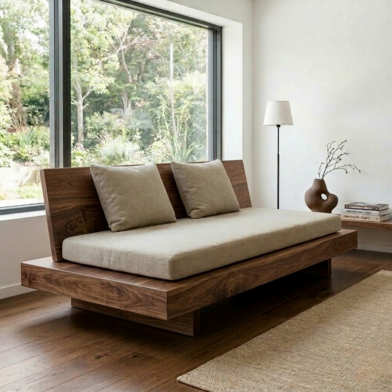 Minimalist Solid Wood Daybed with Platform Base and Angled Backrest – Modern Lounge Sofa