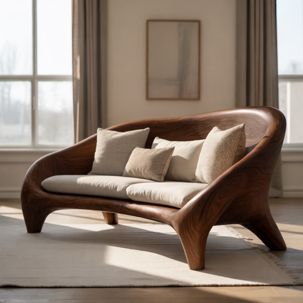 Artistic Solid Wood Sofa with Curved Frame Design