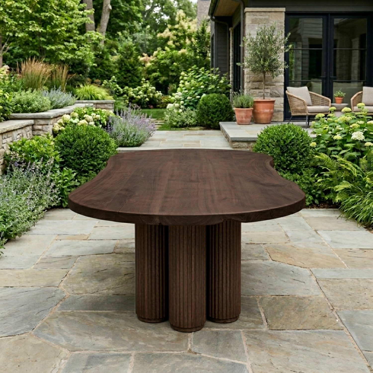Solid Wood Outdoor Dining Table with Organic Live Edge Top & Fluted Pedestal Base