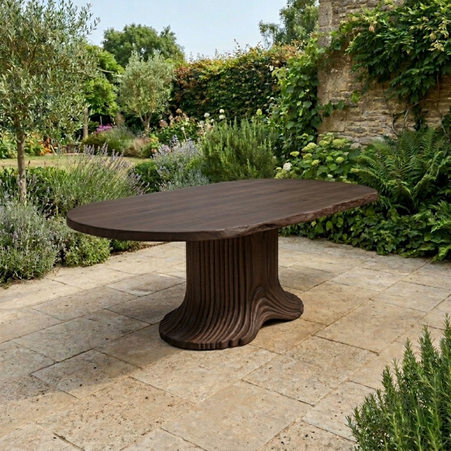 Solid Wood Outdoor Dining Table Oval Live Edge with Sculptural Fluted Pedestal