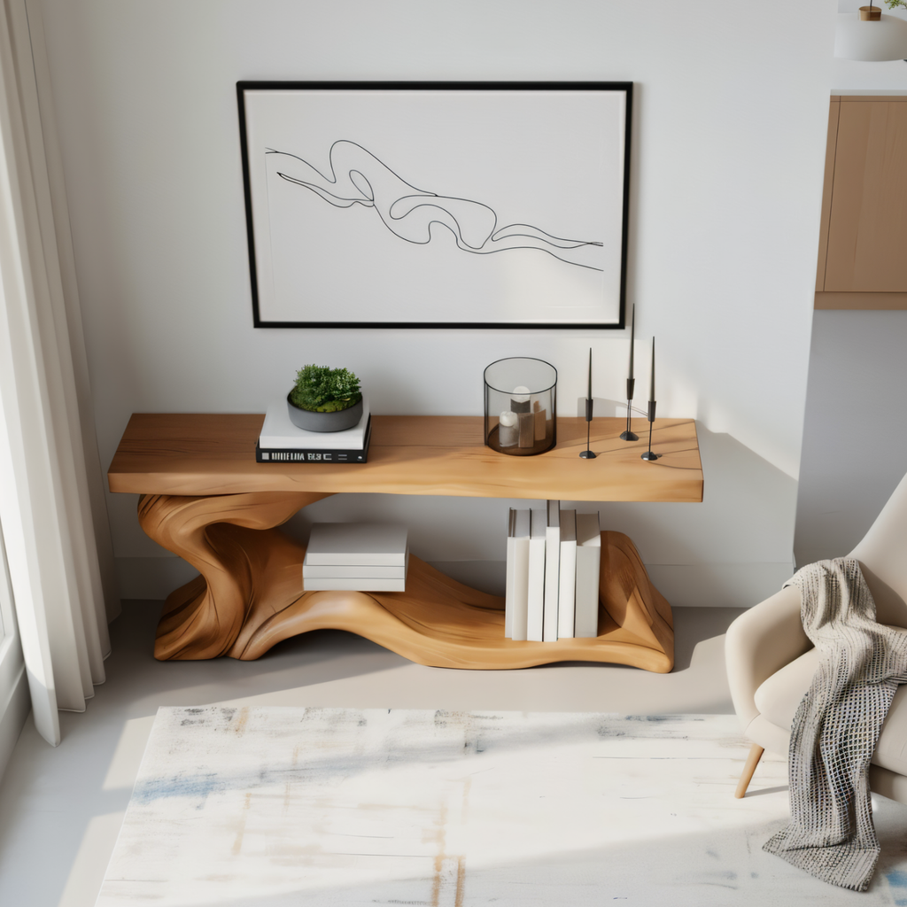 Handcrafted Solid Wood Console Table with Sculptural Organic Base and Modern Minimalist Design