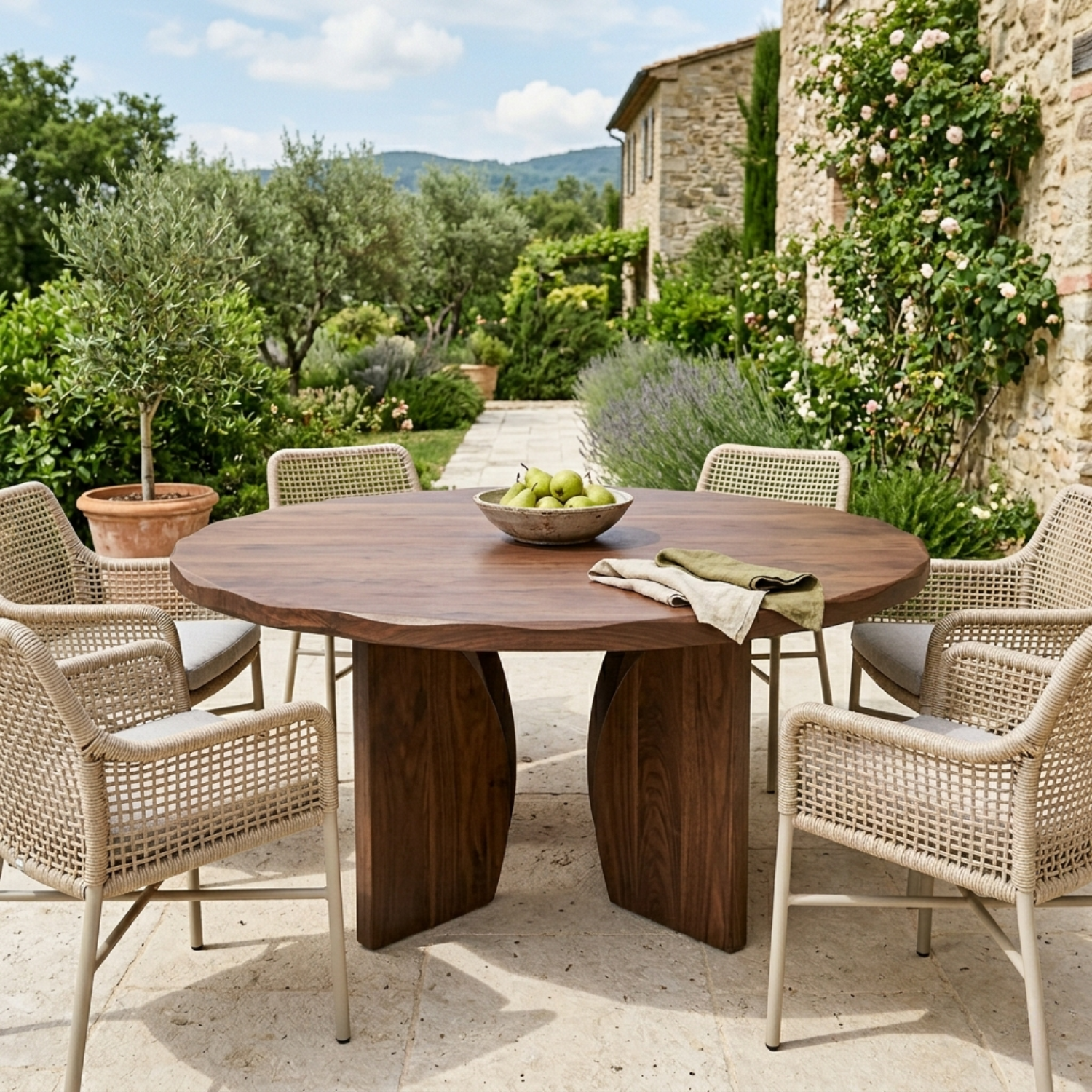 Round Solid Wood Outdoor Dining Table with Sculpted Twin Pedestal Base